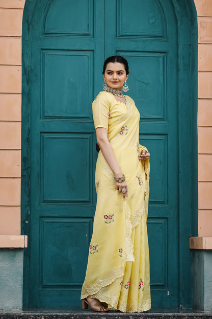 Luxuriant Yellow Color Embroidery Cutwork Saree