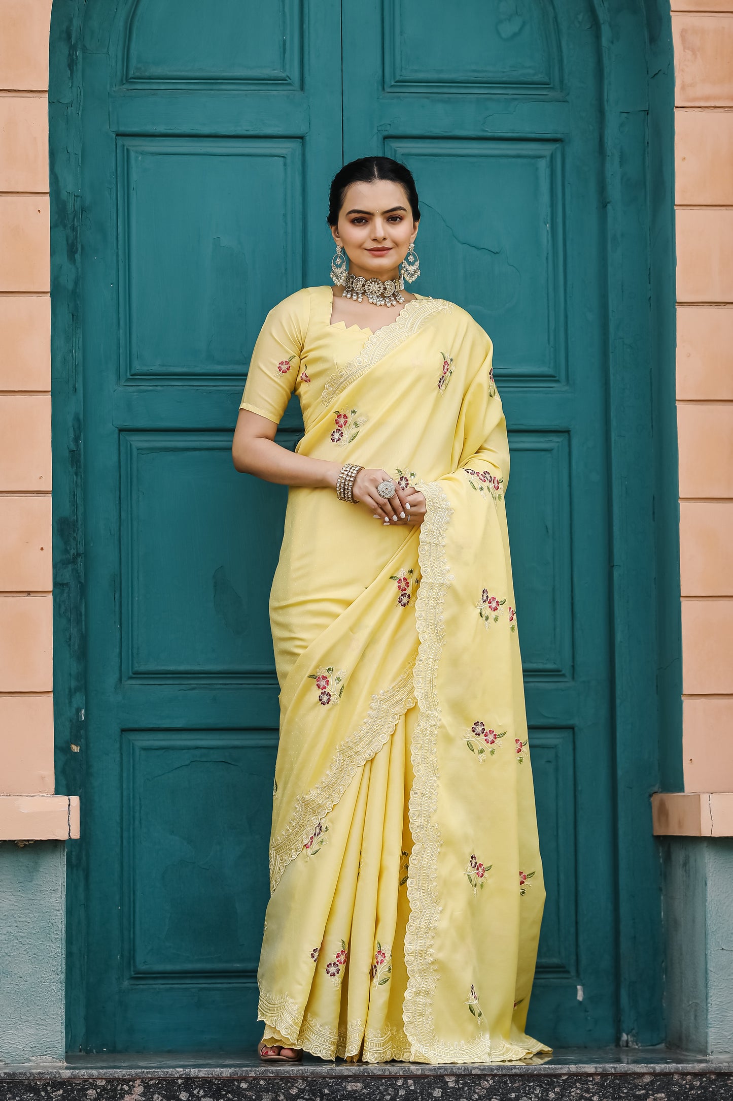 Luxuriant Yellow Color Embroidery Cutwork Saree