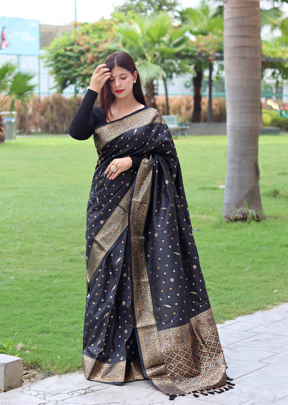 Latest Copper And Golden Zari Weave Border Black Saree