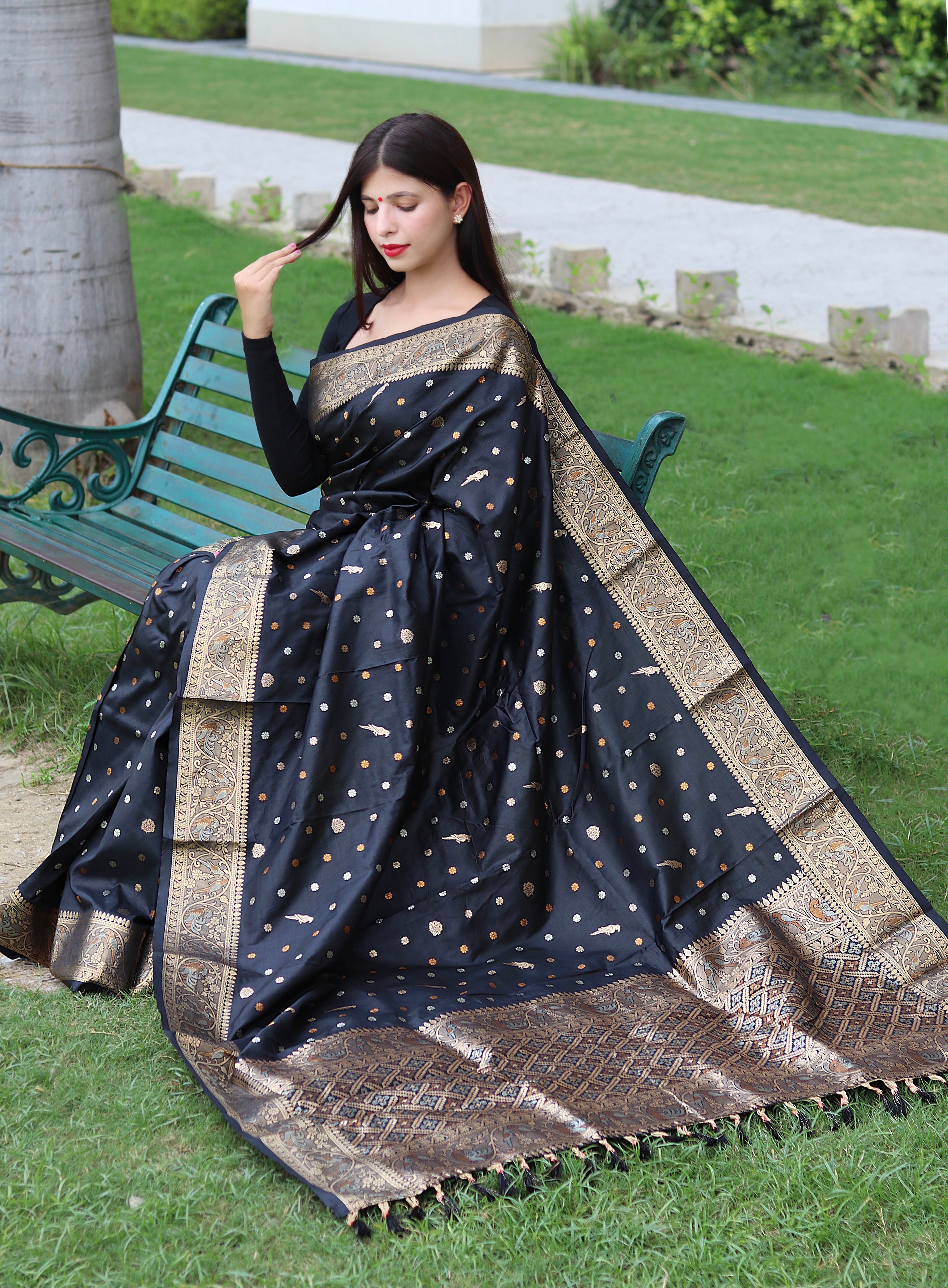 Latest Copper And Golden Zari Weave Border Black Saree