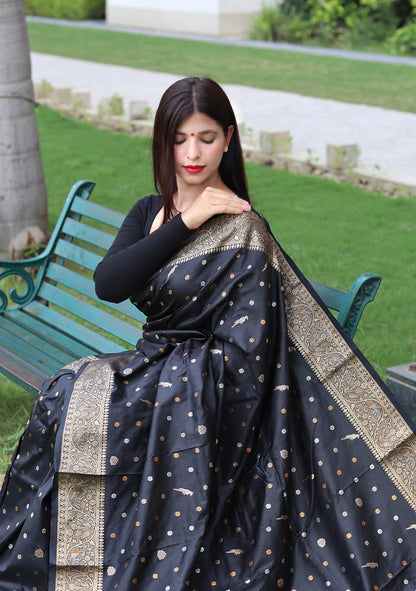 Latest Copper And Golden Zari Weave Border Black Saree