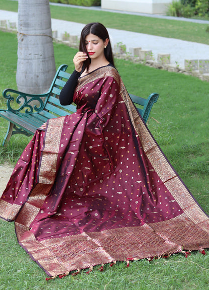 Latest Copper And Golden Zari Weave Border Maroon Saree