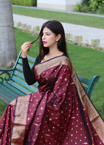 Latest Copper And Golden Zari Weave Border Maroon Saree