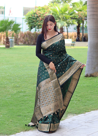 Latest Copper And Golden Zari Weave Border Green Saree