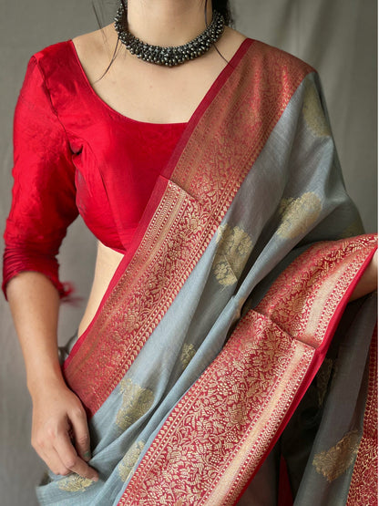 Linen Weaving Contrast Border Grey Color Saree