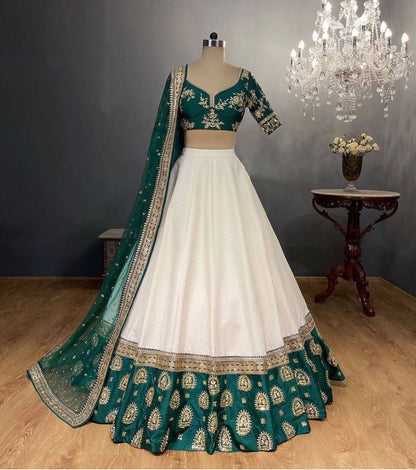 Luxury Embroidery Work White And Green Lehenga Choli