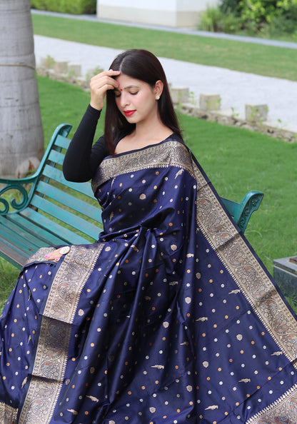 Latest Copper And Golden Zari Weave Border Navy Blue Saree