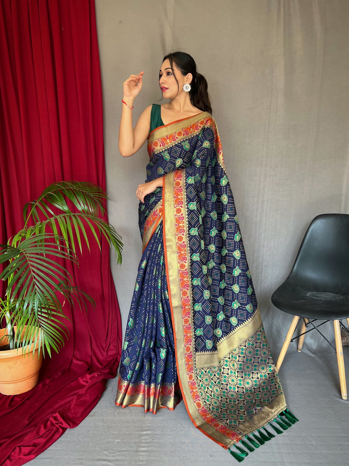 Wedding Wear Navy Blue Color Kachi Patola Silk Saree