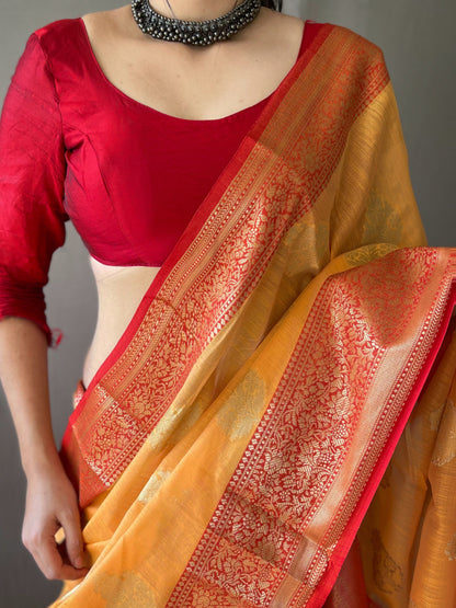 Linen Weaving Contrast Border Orange Color Saree