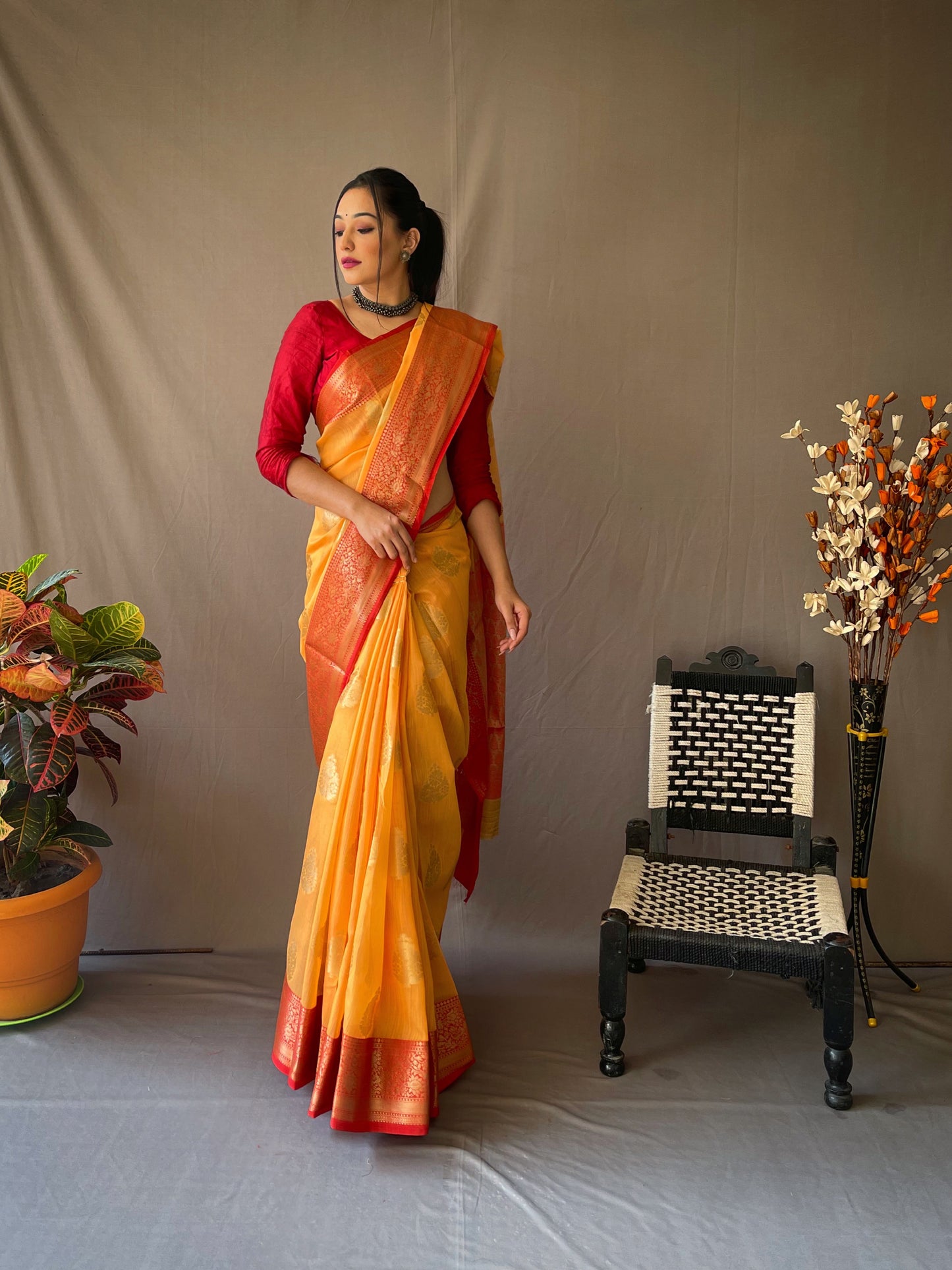 Linen Weaving Contrast Border Orange Color Saree