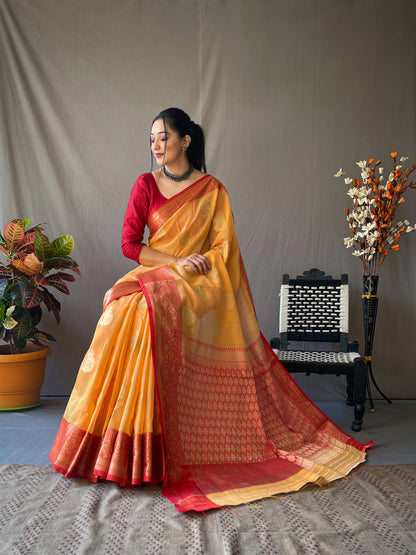 Linen Weaving Contrast Border Orange Color Saree