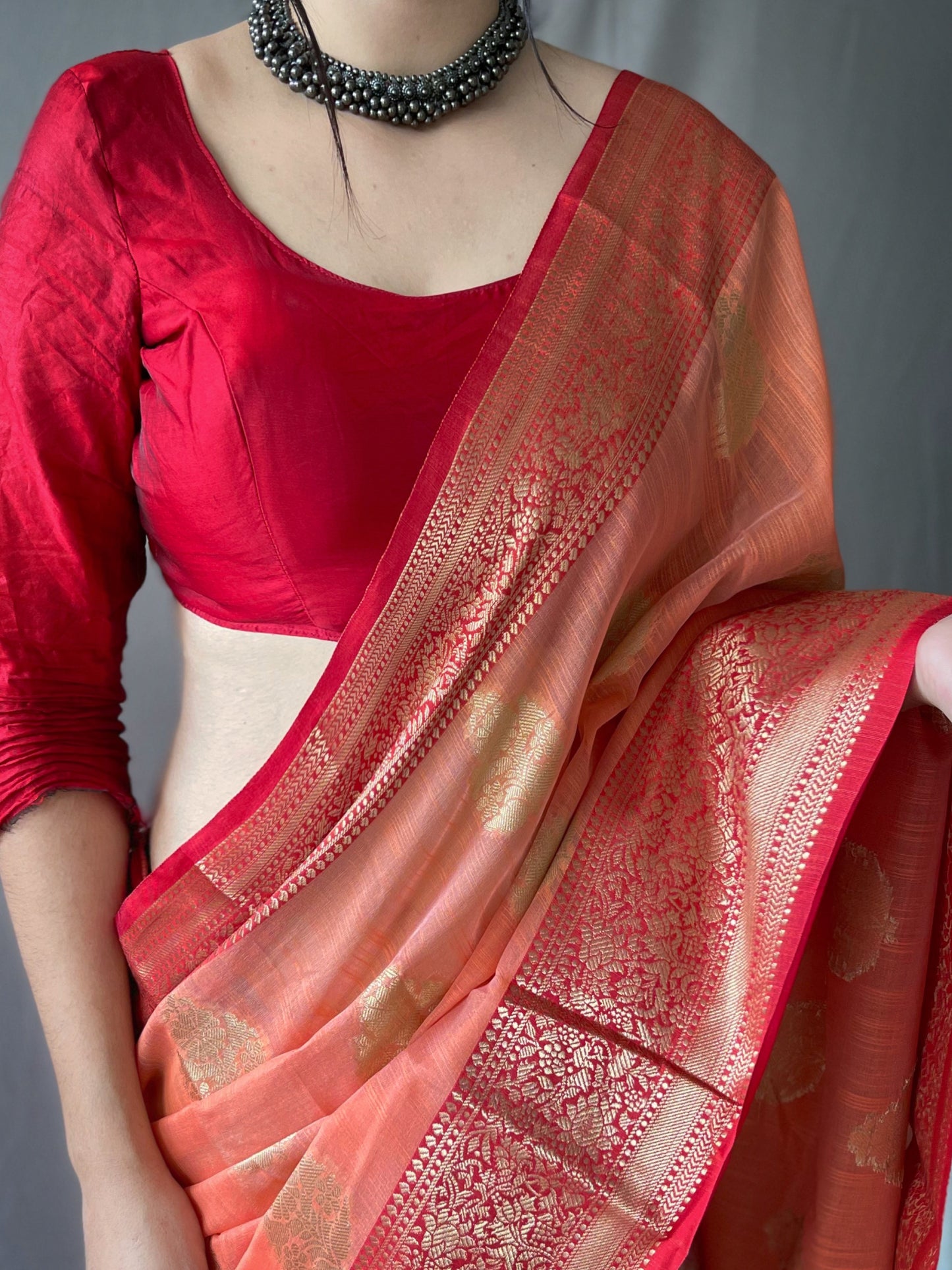 Linen Weaving Contrast Border Peach Color Saree