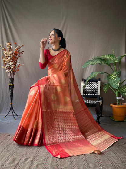 Linen Weaving Contrast Border Peach Color Saree