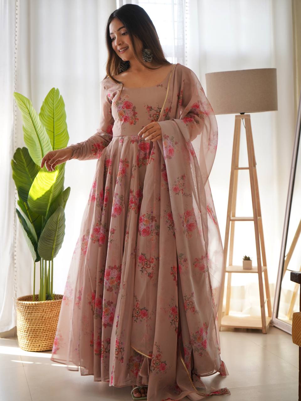 Trendy Floral Print Beige Color Anarkali Gown