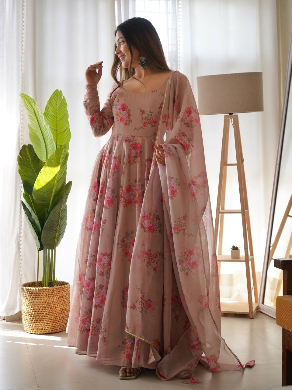 Trendy Floral Print Beige Color Anarkali Gown