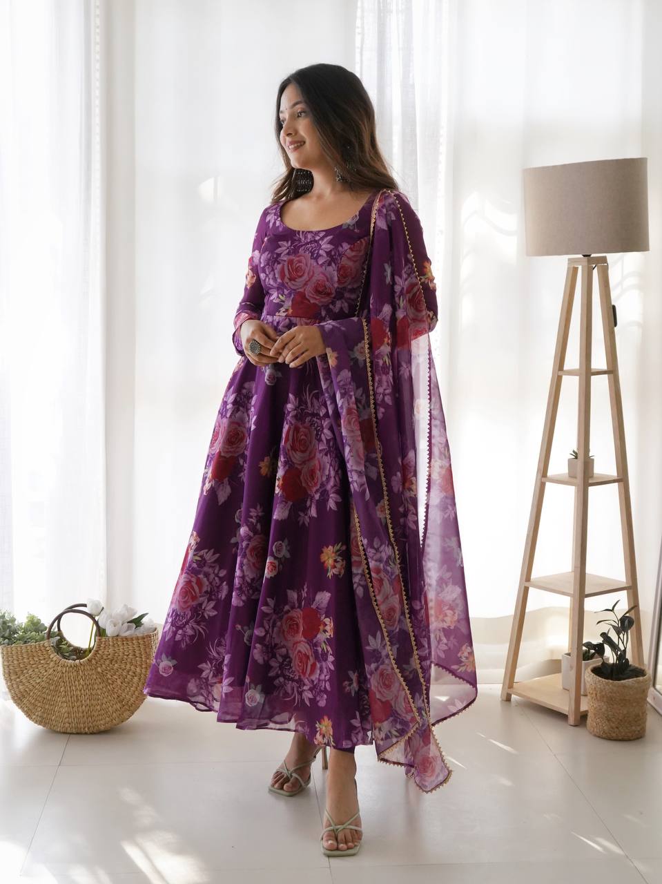 Good Looking Purple Color Printed Anarkali Gown