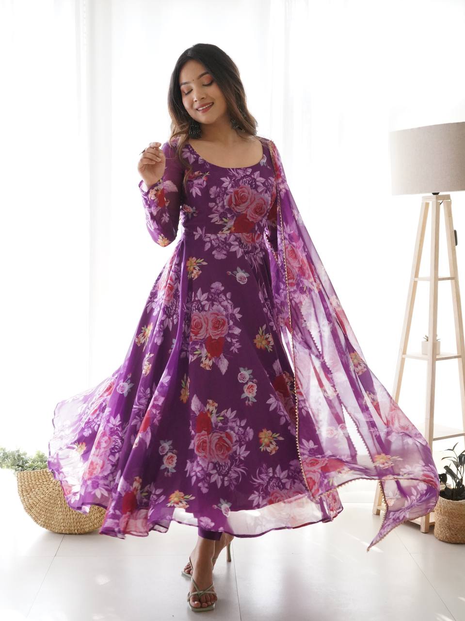 Good Looking Purple Color Printed Anarkali Gown