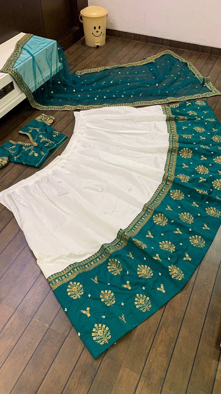 Luxury Embroidery Work White And Green Lehenga Choli