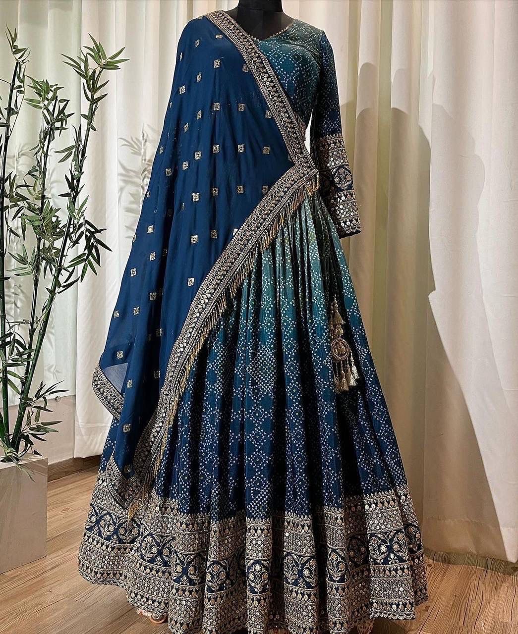 Fantastic Teal Blue Double Shade Printed Lehenga Choli