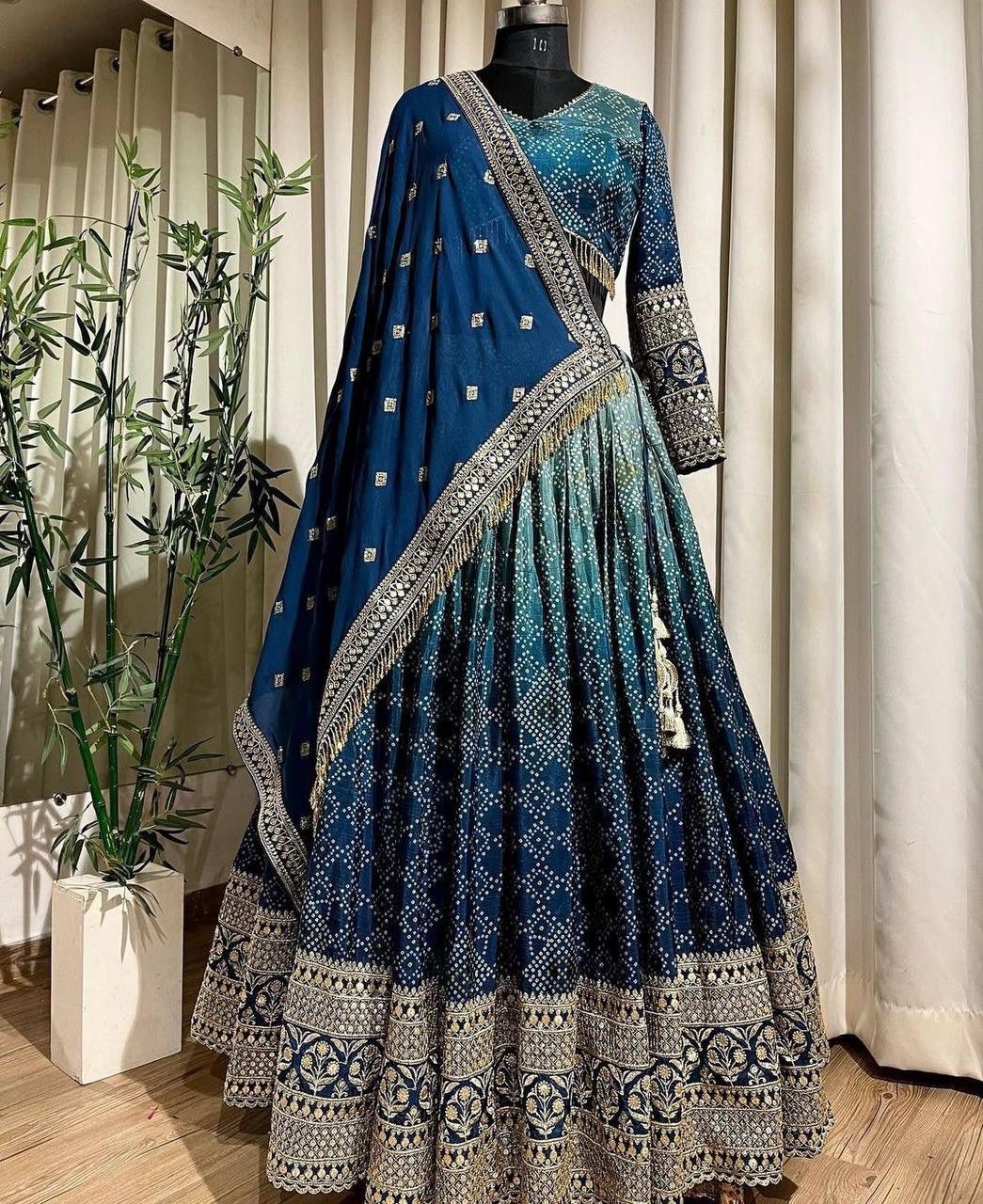 Fantastic Teal Blue Double Shade Printed Lehenga Choli