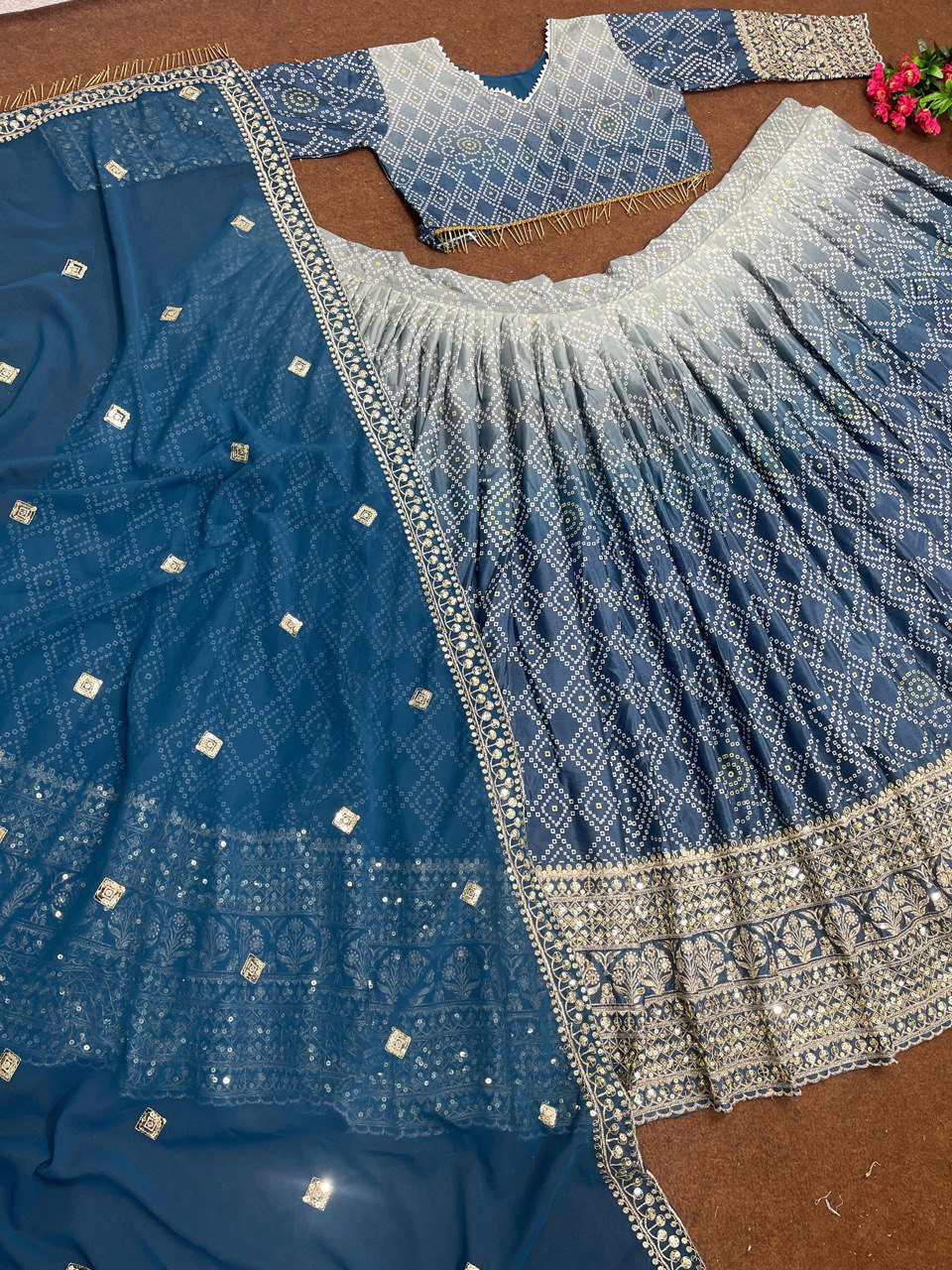 Fantastic Teal Blue Double Shade Printed Lehenga Choli