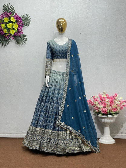 Fantastic Teal Blue Double Shade Printed Lehenga Choli