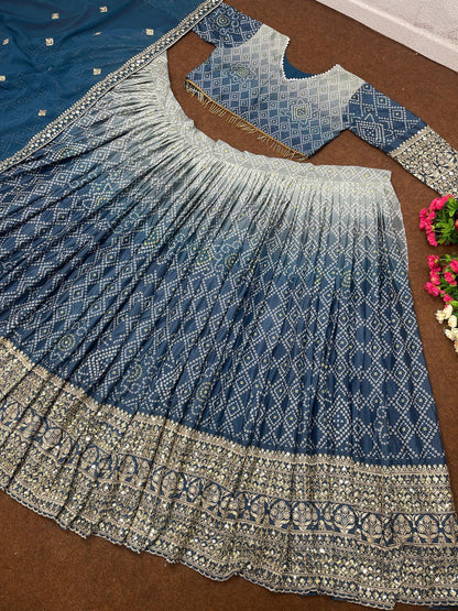 Fantastic Teal Blue Double Shade Printed Lehenga Choli