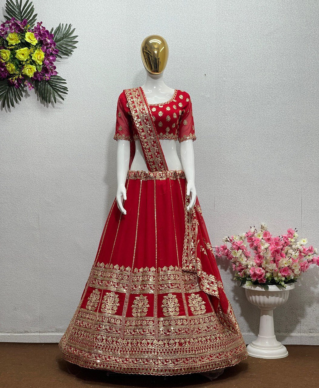 Wedding Wear Red Color Coding Work Lehenga Choli