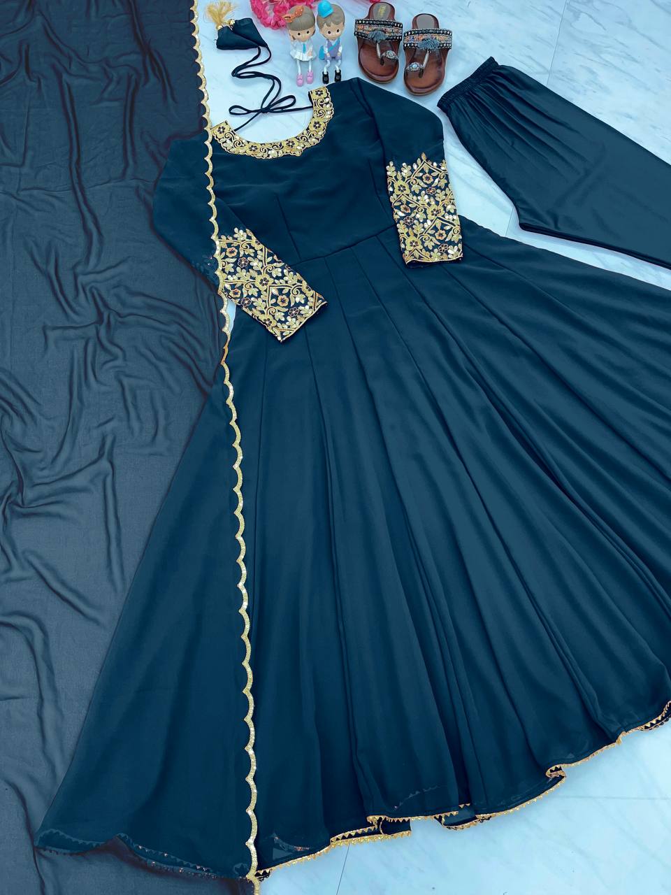 Plain Teal Blue Sleeve And Neck Work Anarkali Suit