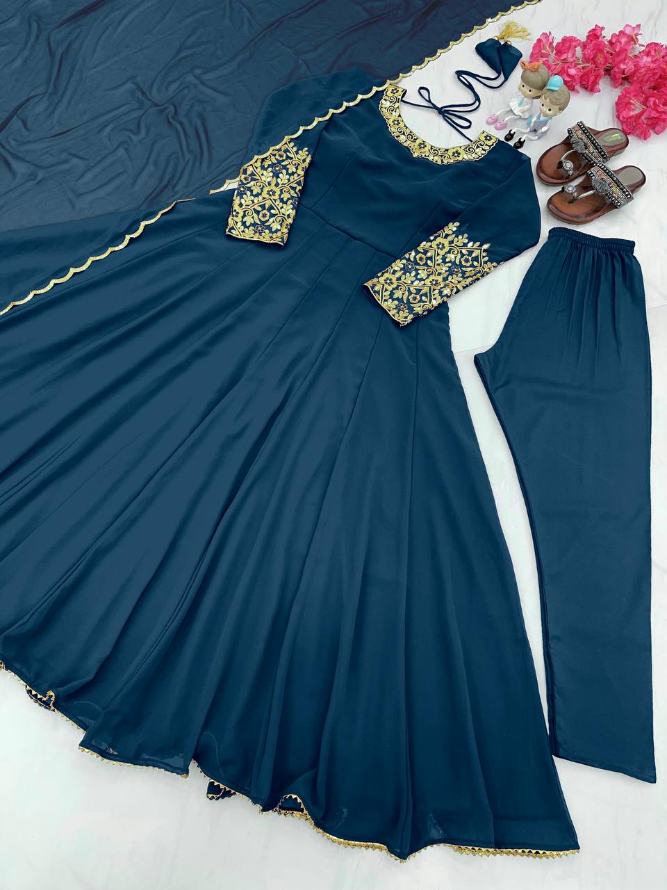 Plain Teal Blue Sleeve And Neck Work Anarkali Suit