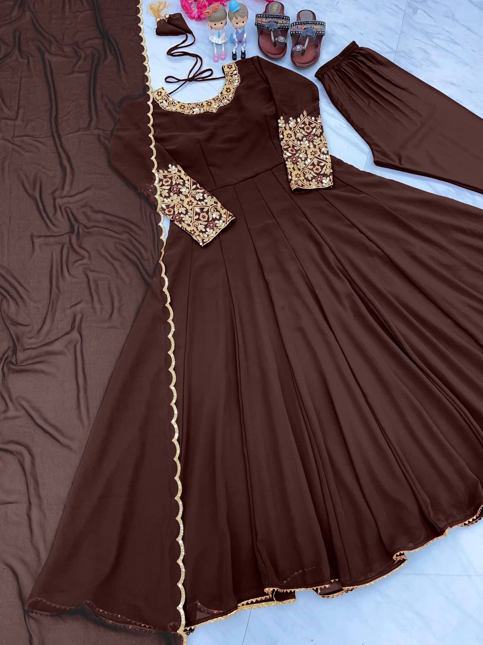 Plain Brown Color Sleeve And Neck Work Anarkali Suit