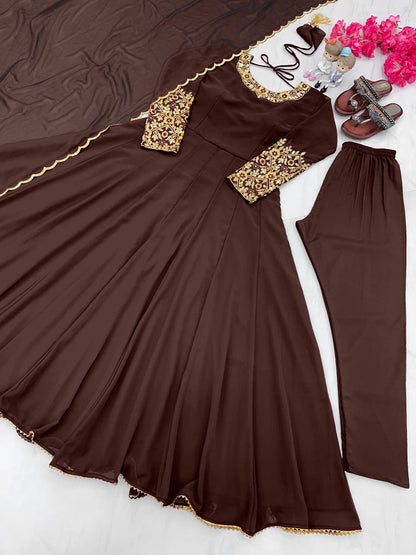 Plain Brown Color Sleeve And Neck Work Anarkali Suit