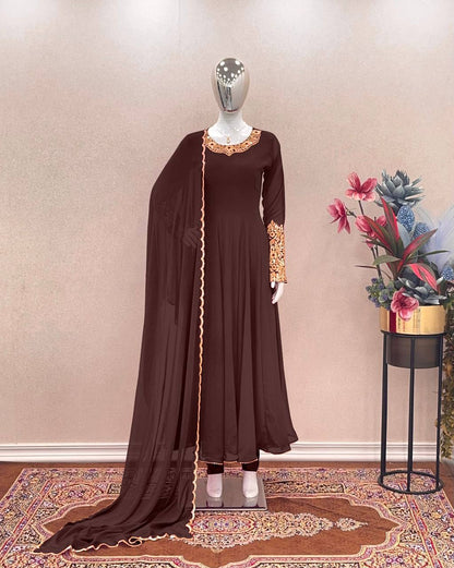 Plain Brown Color Sleeve And Neck Work Anarkali Suit