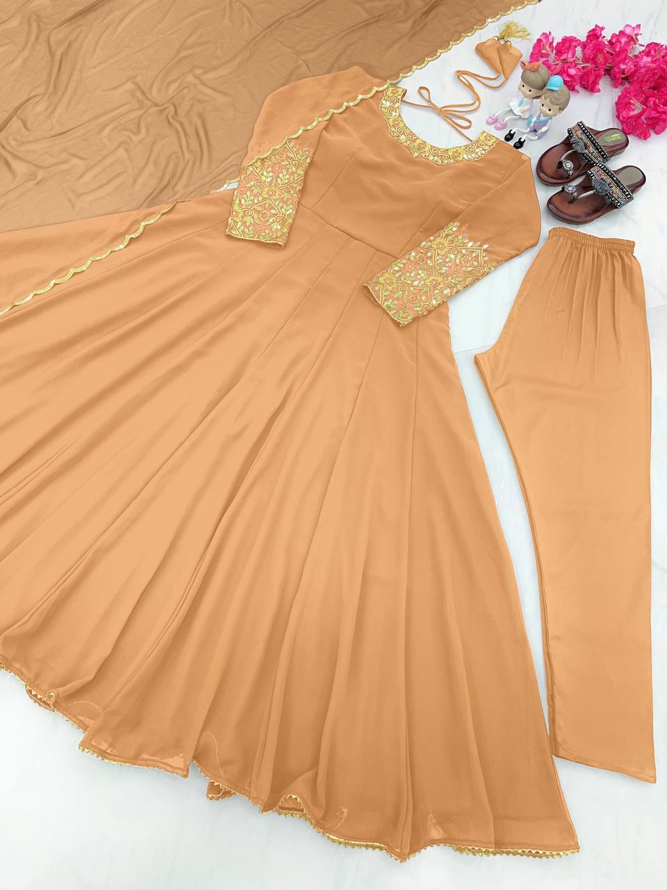 Plain Beige Color Sleeve And Neck Work Anarkali Suit