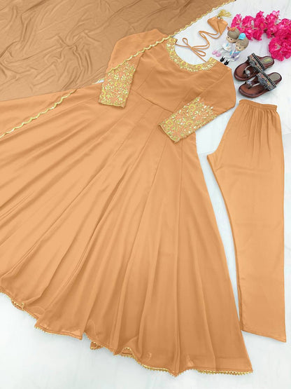 Plain Beige Color Sleeve And Neck Work Anarkali Suit