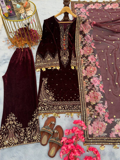 Maroon Color Velvet Embroidery Sequence Work Palazzo Suit