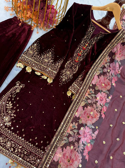 Maroon Color Velvet Embroidery Sequence Work Palazzo Suit