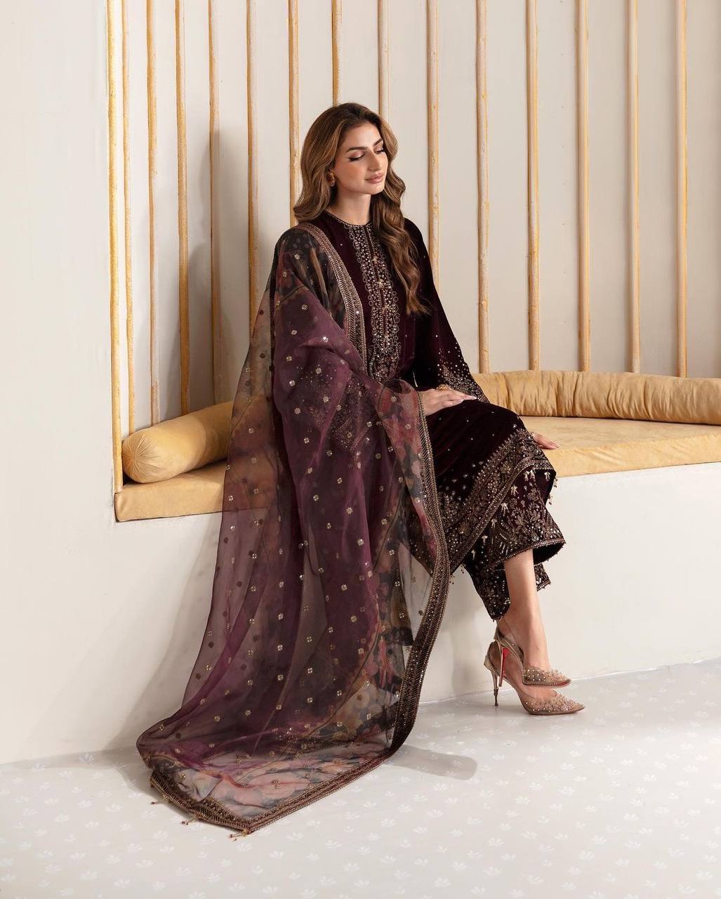 Maroon Color Velvet Embroidery Sequence Work Palazzo Suit