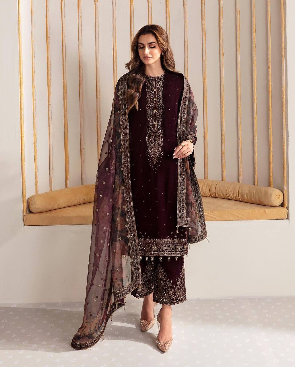 Maroon Color Velvet Embroidery Sequence Work Palazzo Suit