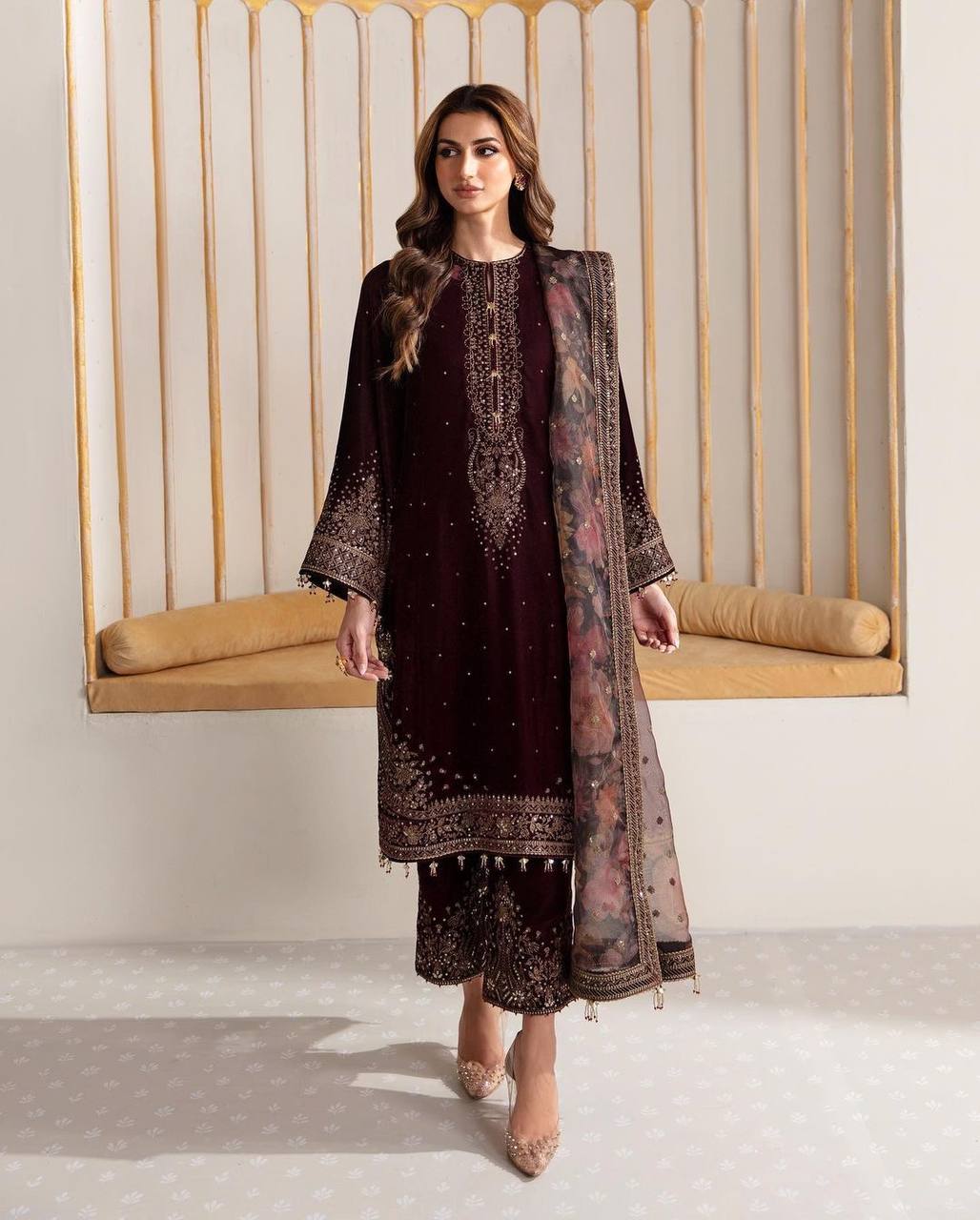 Maroon Color Velvet Embroidery Sequence Work Palazzo Suit