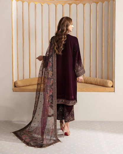 Maroon Color Velvet Embroidery Sequence Work Palazzo Suit