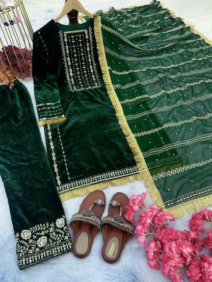 Demanding Velvet Embroidery Work Green Salwar Suit