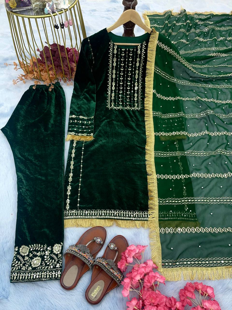 Demanding Velvet Embroidery Work Green Salwar Suit