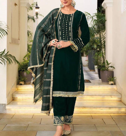 Demanding Velvet Embroidery Work Green Salwar Suit