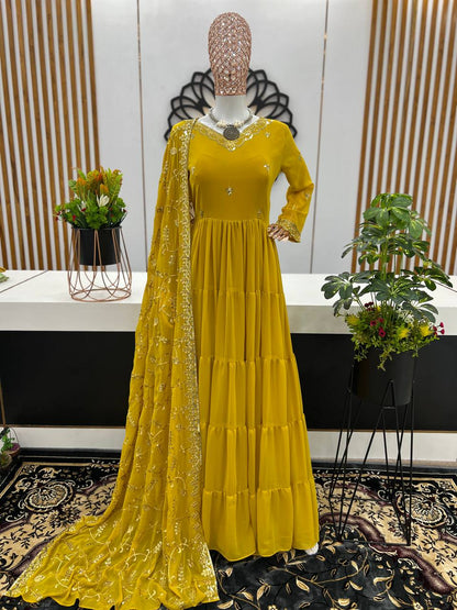 Gorgeous Ruffle Flair Yellow Georgette  Anarkali Suit