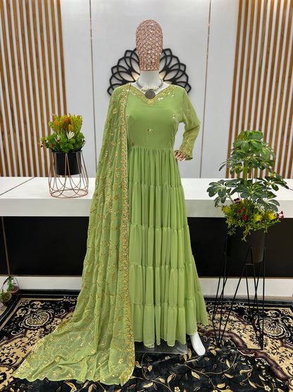 Gorgeous Ruffle Flair Green Georgette  Anarkali Suit