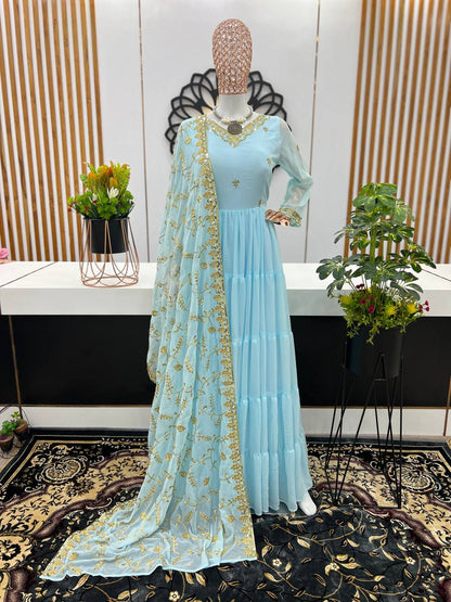 Gorgeous Ruffle Flair Sky Blue Georgette  Anarkali Suit