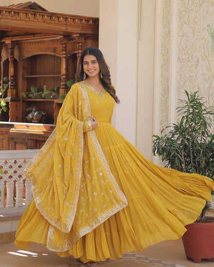 Gorgeous Ruffle Flair Yellow Georgette  Anarkali Suit