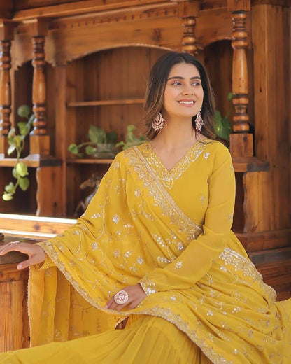 Gorgeous Ruffle Flair Yellow Georgette  Anarkali Suit