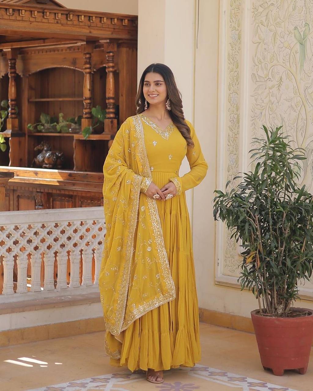 Gorgeous Ruffle Flair Yellow Georgette  Anarkali Suit